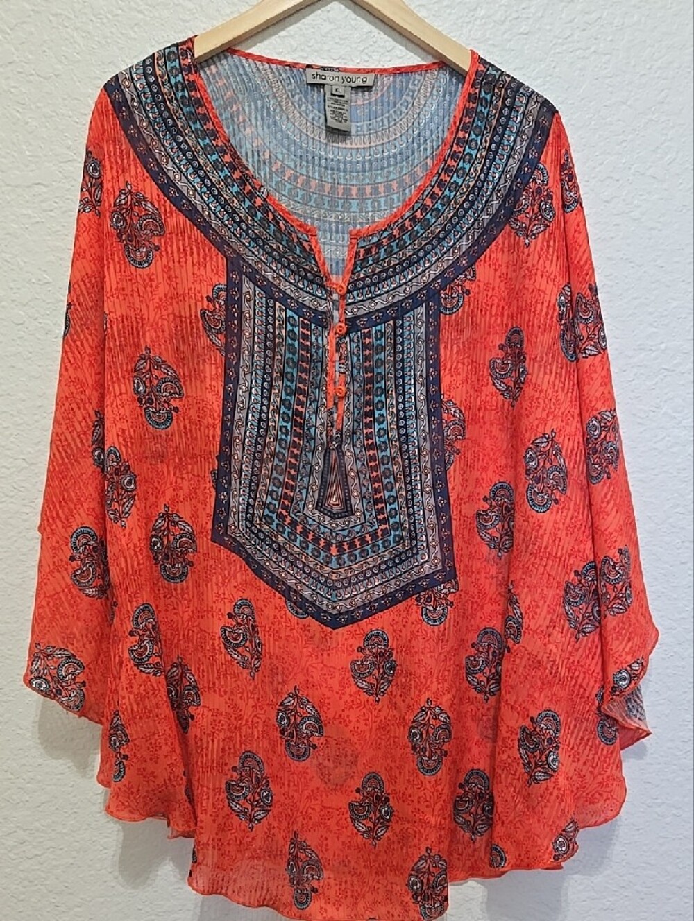 Sharon Young Orange Bohemiam Tunic with Navy Print Yoke